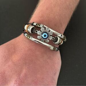 Men’s Protective Evil Eye Bracelet – Brown PU Leather, 8”